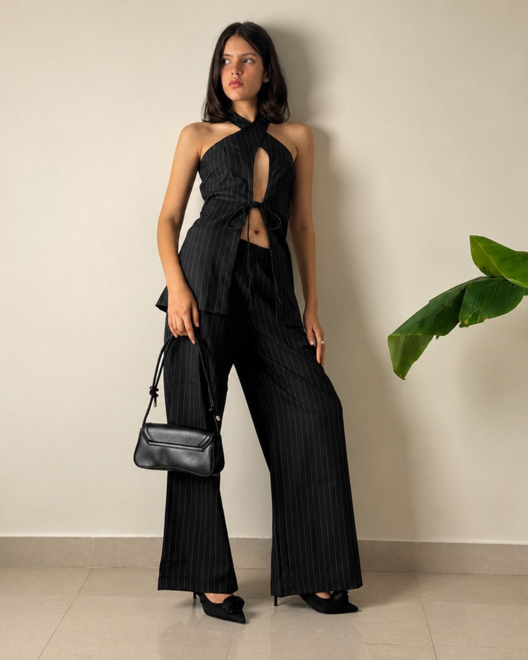 Noir Cross-Halter Pinstripe Co-Ord