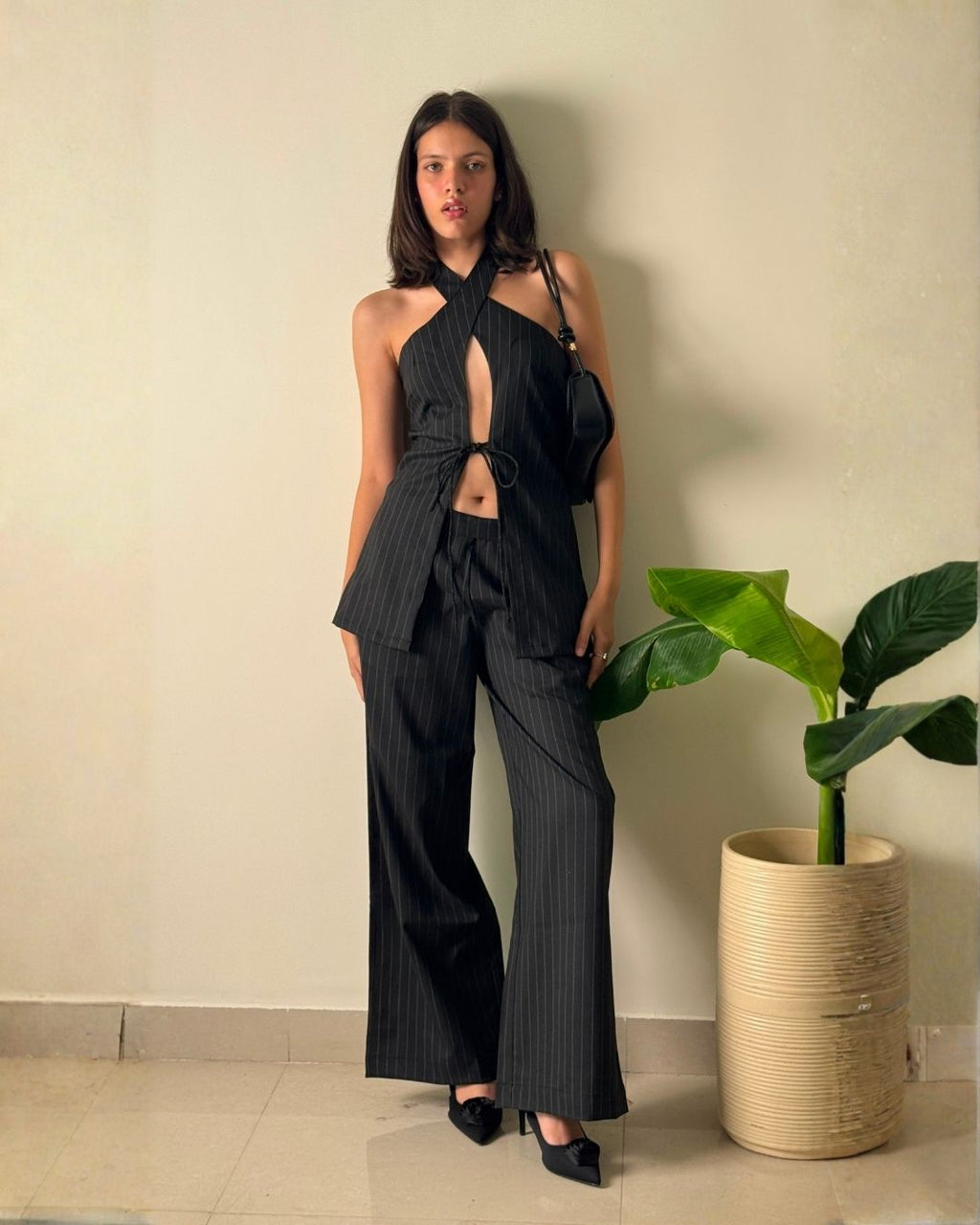Noir Cross-Halter Pinstripe Co-Ord